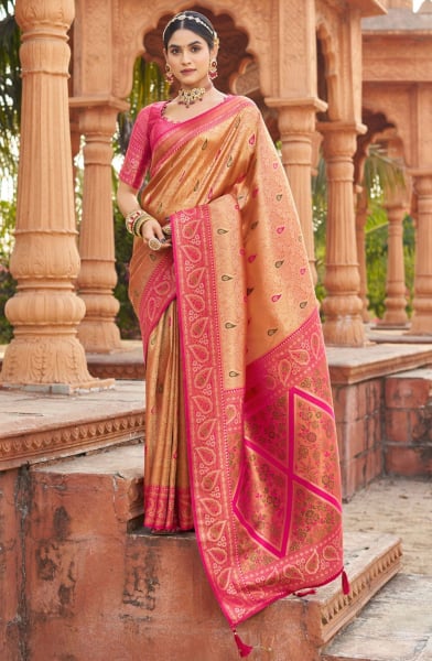 Rose Gold Banarasi Silk Zari Woven Saree for Festival