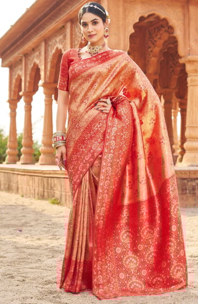Rose Gold Banarasi Silk Zari Woven Saree for Festival