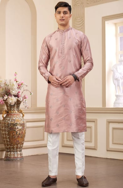 Rose Gold Embroidered Art Silk Kurta Set