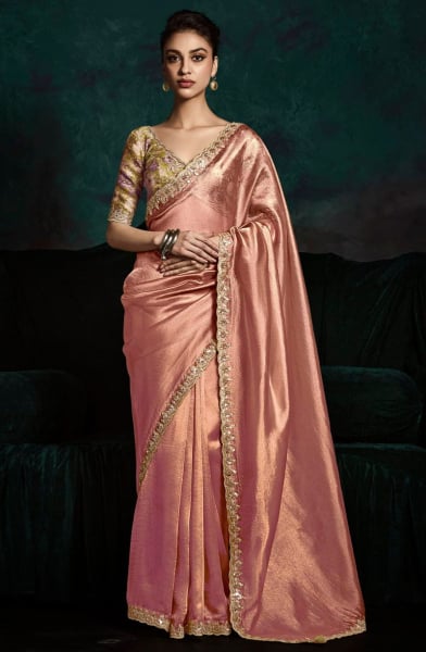 Rose Gold Embroidered Designer Saree for Wedding