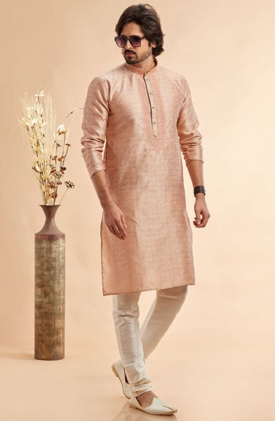 Rose Gold Embroidered Jacquard Art Silk Kurta Set