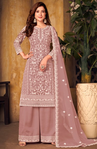 Rose Gold Embroidered Net Palazzo Kameez