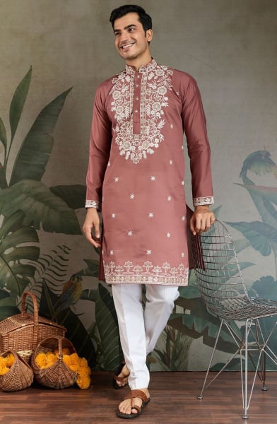 Rose Gold Embroidered Viscose Silk Kurta Set