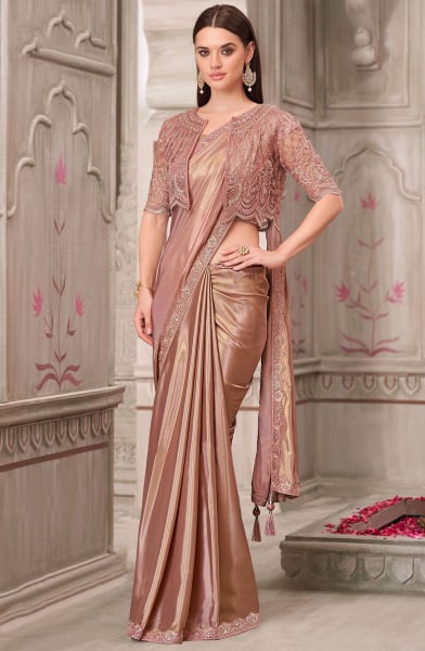 Rose Gold Georgette Saree with Embroidered Blouse