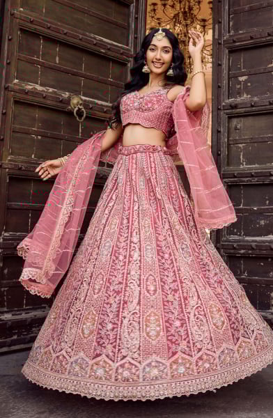 Rose Gold Net Heavy Embroidered Lehenga Choli for Wedding