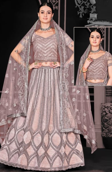 Rose Gold Net Semi Stitched Lehenga Choli and Dupatta