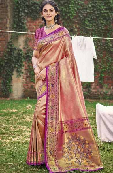 Rose Gold Paithani Silk Zari Woven Saree