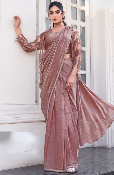 Rose Gold Satin Silk Ready to Wear Saree with Jacket