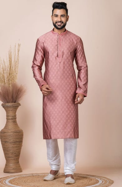 Rose Gold Self Jacquard Silk Kurta Set