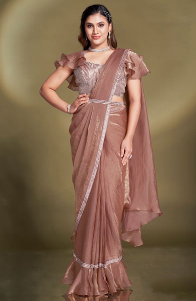 Rose Gold Two Tone Satin Silk Sequins Ready to Wear Saree