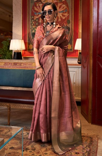 Rose Gold Woven Moss Chiffon Saree