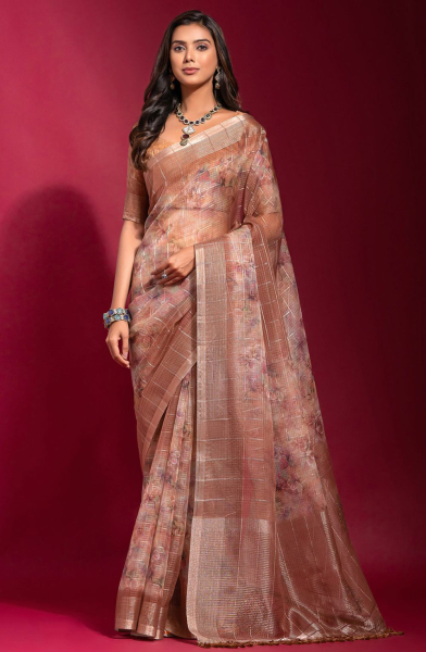 Rose Gold Zari Checks Linen Silk Saree