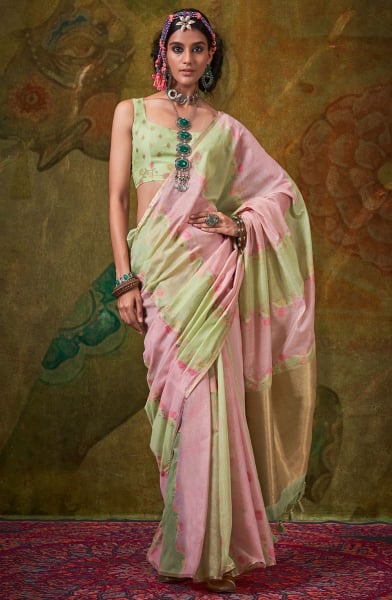 Rose Pink and Mint Green Pure Spun Rangkaat Weaving Saree