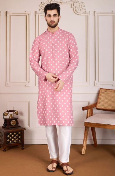 Rose Pink Cotton Printed Kurta Pyjama Set