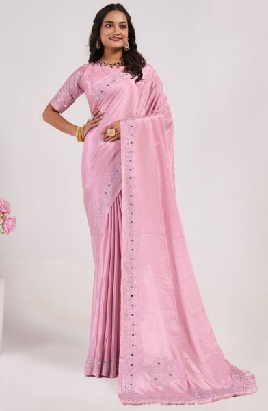 Rose Pink Embellished Chinnon Saree