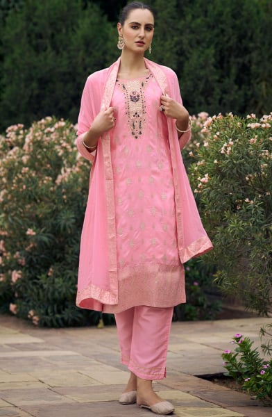 Rose Pink Embellished Viscose Rayon Readymade Suit