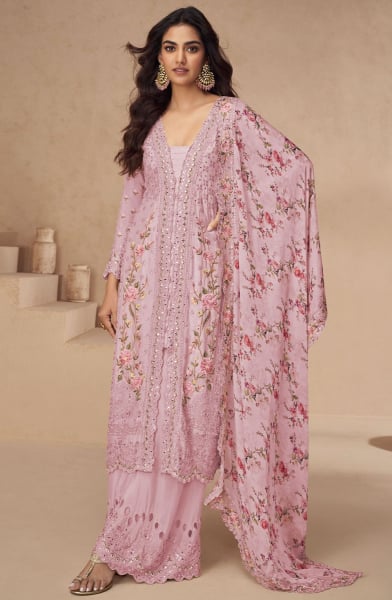Rose Pink Embroidered Chinnon Silk Palazzo Kameez