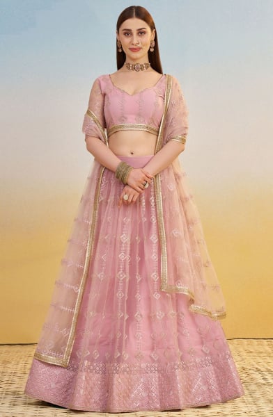 Rose Pink Embroidered Net Designer Lehenga Choli