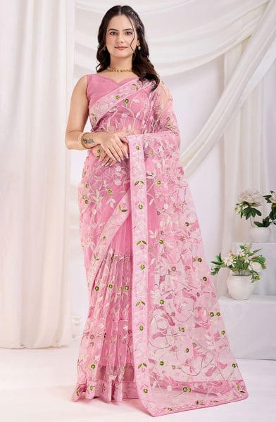 Rose Pink Embroidered Net Saree for Party