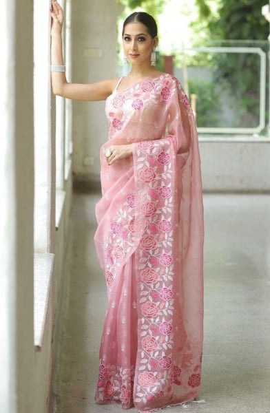 Rose Pink Embroidered Organza Saree