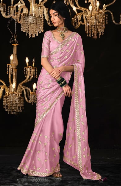 Rose Pink Embroidered Tissue Silk Designer Saree