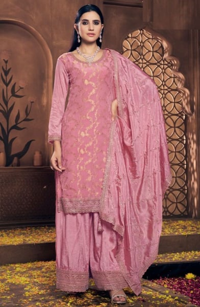 Rose Pink Embroidered Viscose Chinnon Jacquard Palazzo Kameez