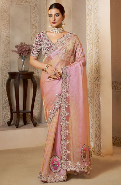 Rose Pink Embroidered Zari Organza Silk Saree