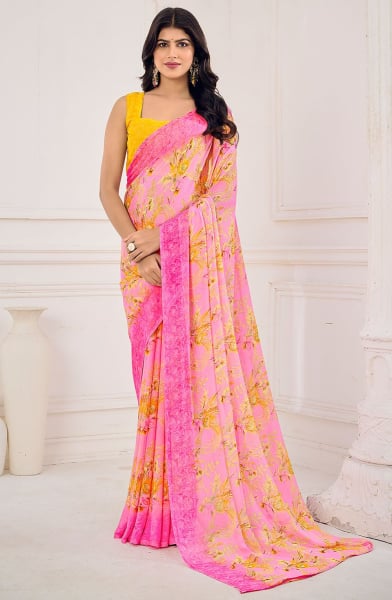 Rose Pink Floral Print Chiffon Saree
