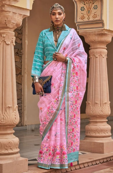 Rose Pink Floral Print Linen Kora Saree