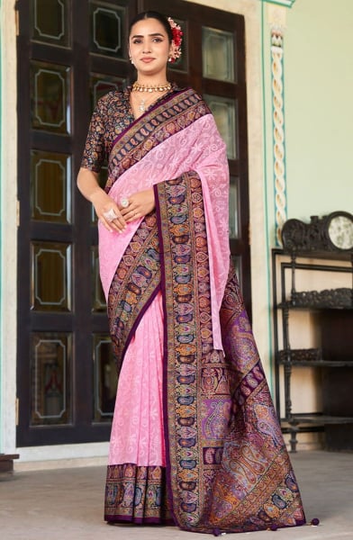 Rose Pink Lucknowi Viscose Georgette Saree with Foil Print
