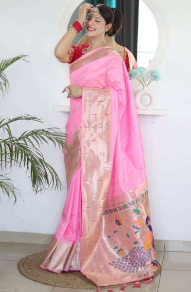 Rose Pink Meenakari Woven Paithani Silk Saree