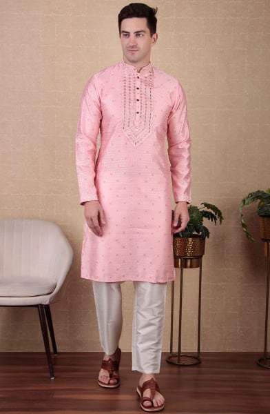 Rose Pink Mirror Work Jacquard Silk Kurta Set
