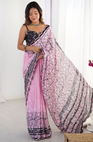 Rose Pink Printed Chinnon Casual Wear Saree
