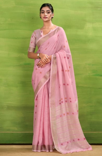 Rose Pink Printed Linen Silk Saree