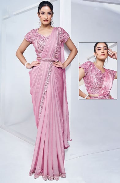 Rose Pink Pure Khatli Work Designer Ready to Wear Saree