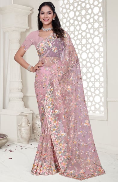 Rose Pink Resham Embroidered Net Saree