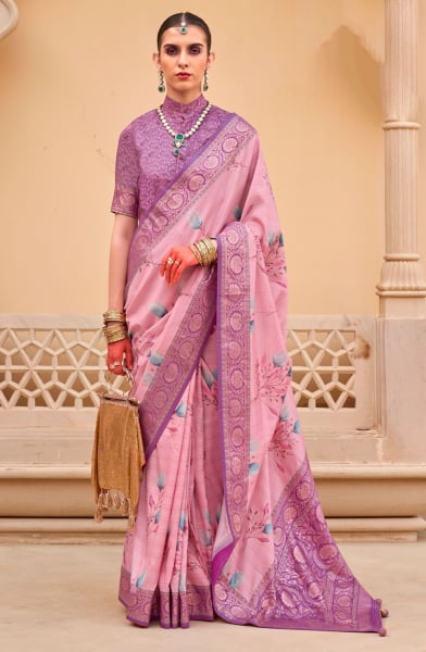 Rose Pink Silk Floral Printed Saree