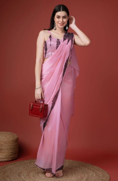 Rose Pink Silk Satin Ready to Wear Saree for Party