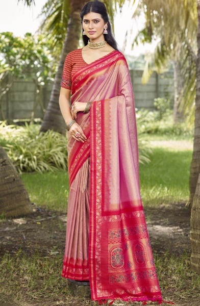 Rose Pink Silk Woven Work Saree