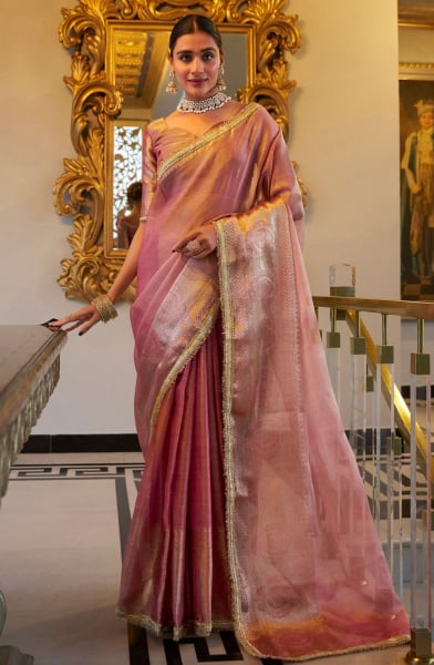 Rose Pink Tissue Shimmer Party Wear Saree