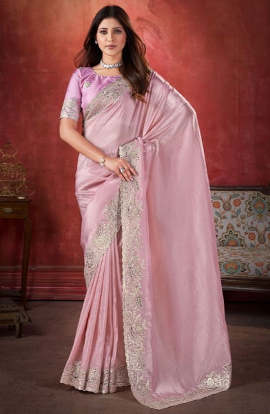 Rose Pink Zari Cut Work Crushed Silk Saree