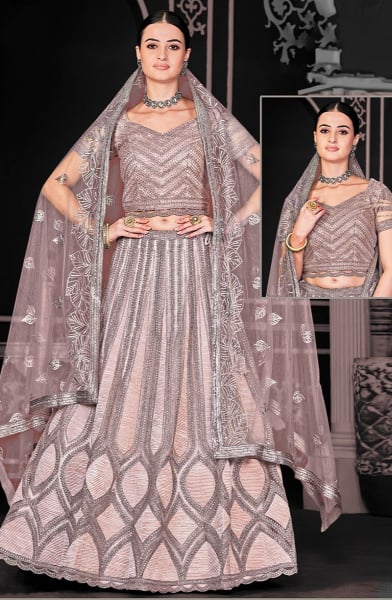 Rose Taupe Embroidered Net Designer Lehenga Choli