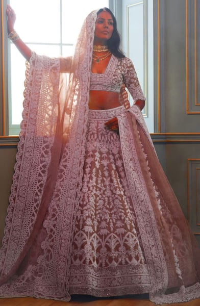 Rose Taupe Embroidered Net Designer Lehenga Choli