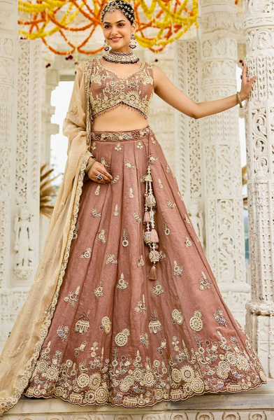Rose Taupe Embroidered Satin Silk Readymade Lehenga Choli