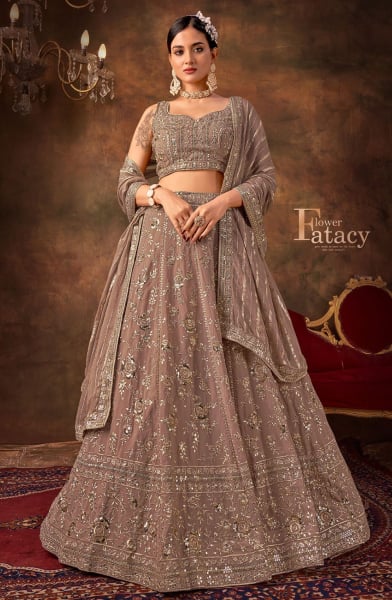 Rose Taupe Faux Georgette Lehenga Choli for Wedding