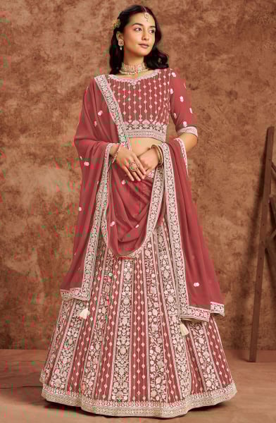 Rose Taupe Lakhnavi Work Faux Georgette Lehenga Choli