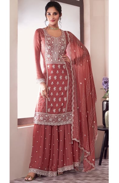Rose Taupe Thread Embroidered Chinnon Palazzo Kameez