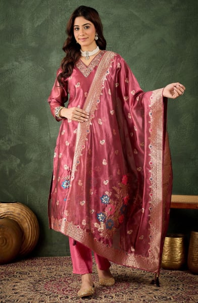 Rouge Pink Organza Silk Partywear Suit