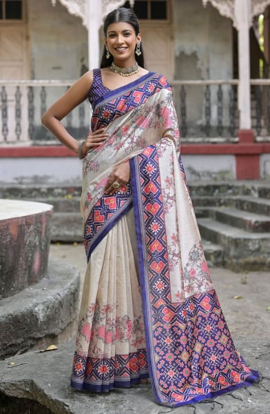 Royal Blue and Beige Soft Tussar Silk Saree