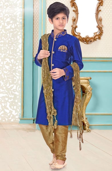 Royal Blue Cotton Linen Kids Sherwani for Wedding